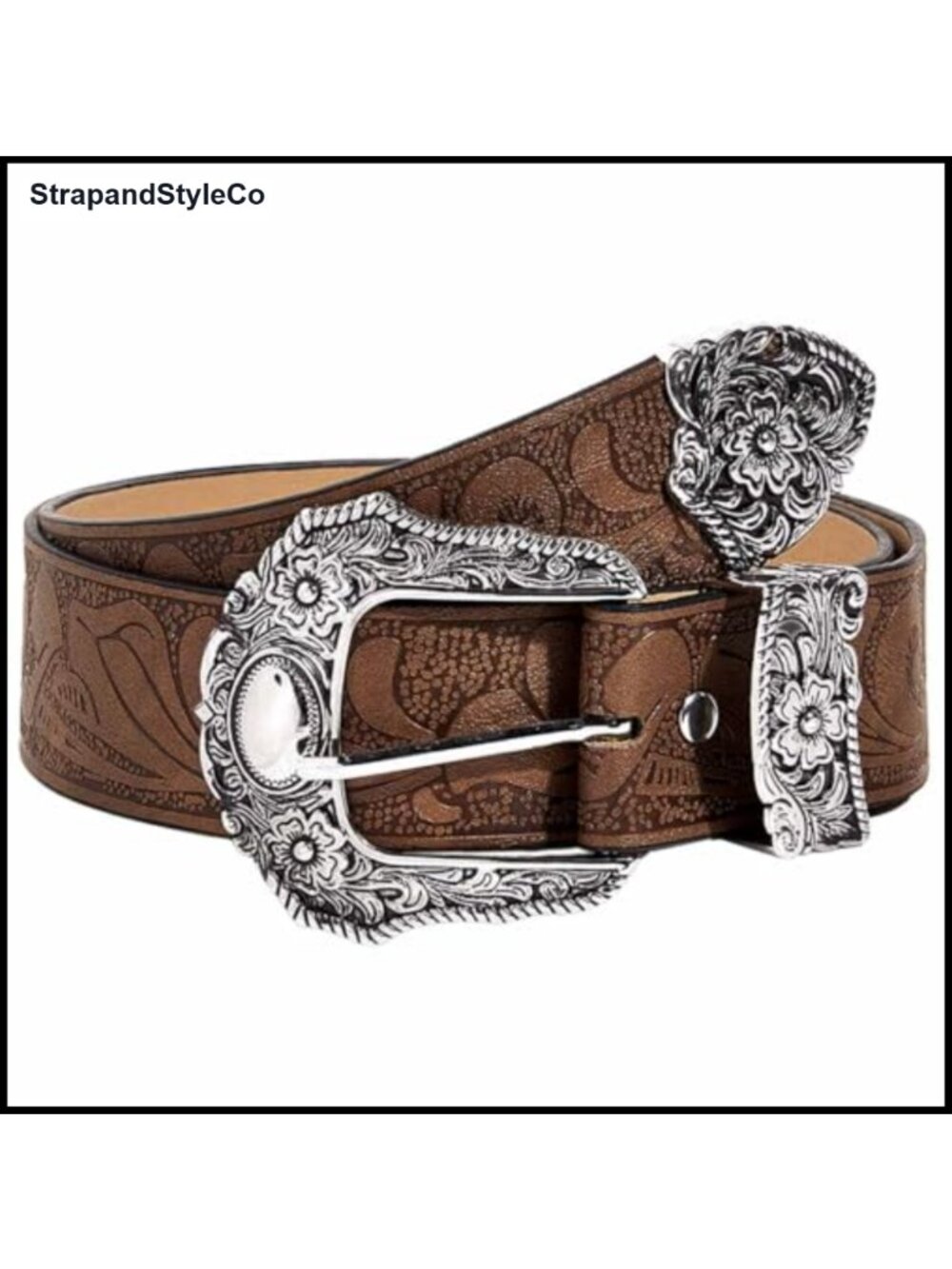 Vintage Western Leather Belt Floral Carving Alloy Buckle